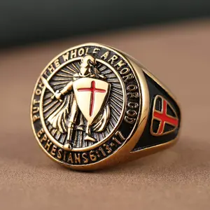 Men's Gilded Vintage Templar Knight Red Cross Shield Ephesians 6:13-17 Stainless Steel Rings