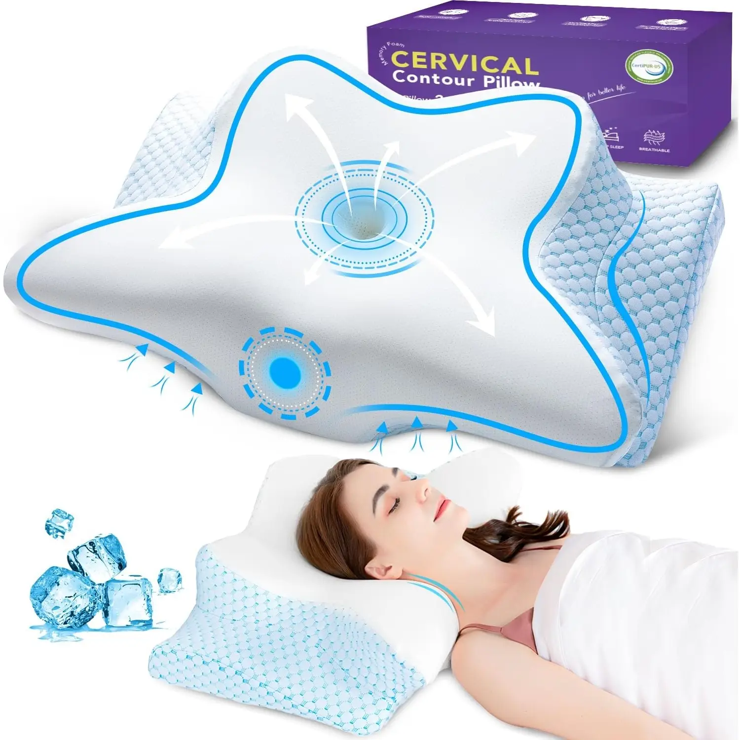 【Summer Pick】Cervical Cooling Pillow for Neck Support - Adjustable Ergonomic Memory Foam Pillow for Sleeping, Contour Bed Pillows for Side Back Stomac
