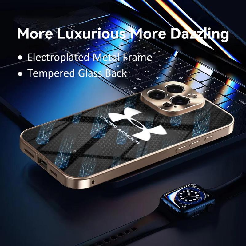 PIKPAKA fashion Under Armour Phone Case For iPhone 17 16 15 14 13 12 Pro Max Plus Electroplated Metal Bumper Case Slim Tempered Glass Back Advanced Materials Shockproof Anti-Scratch Luxury Case Fashion Durable Stylish