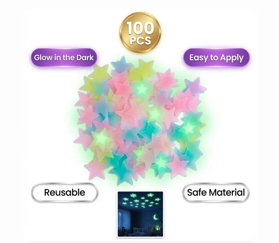 100PCS Glow in the Dark Stars Wall Stickers for Kids Bedroom Ceiling | Luminous Plastic Star Decals, Glow Ceiling Decorations for Nursery, Playroom, Home Decor, Multicolor