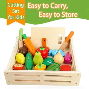 Whubefy Wooden Play Food for Toddlers, Fruit and Veggies Cutting Set for Kids, Magnetic Buckle Adsorption design, Pretend Food Play Kitchen 17 PCS Accessories, As Christmas Gifts for 3 4 5 6 7 Years Old Boys & Girls