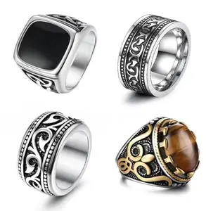 Men's 4-Pcs Vintage Stainless Steel Biker Signet Ring Set - 2-Tone Crown Turkish Celtic Knot Bands Inlaid with Natural Tiger Eye & Onyx, Retro Gothic Unisex Carved Rings for Daily Wear, Biker Occasions, Ideal Father Gift