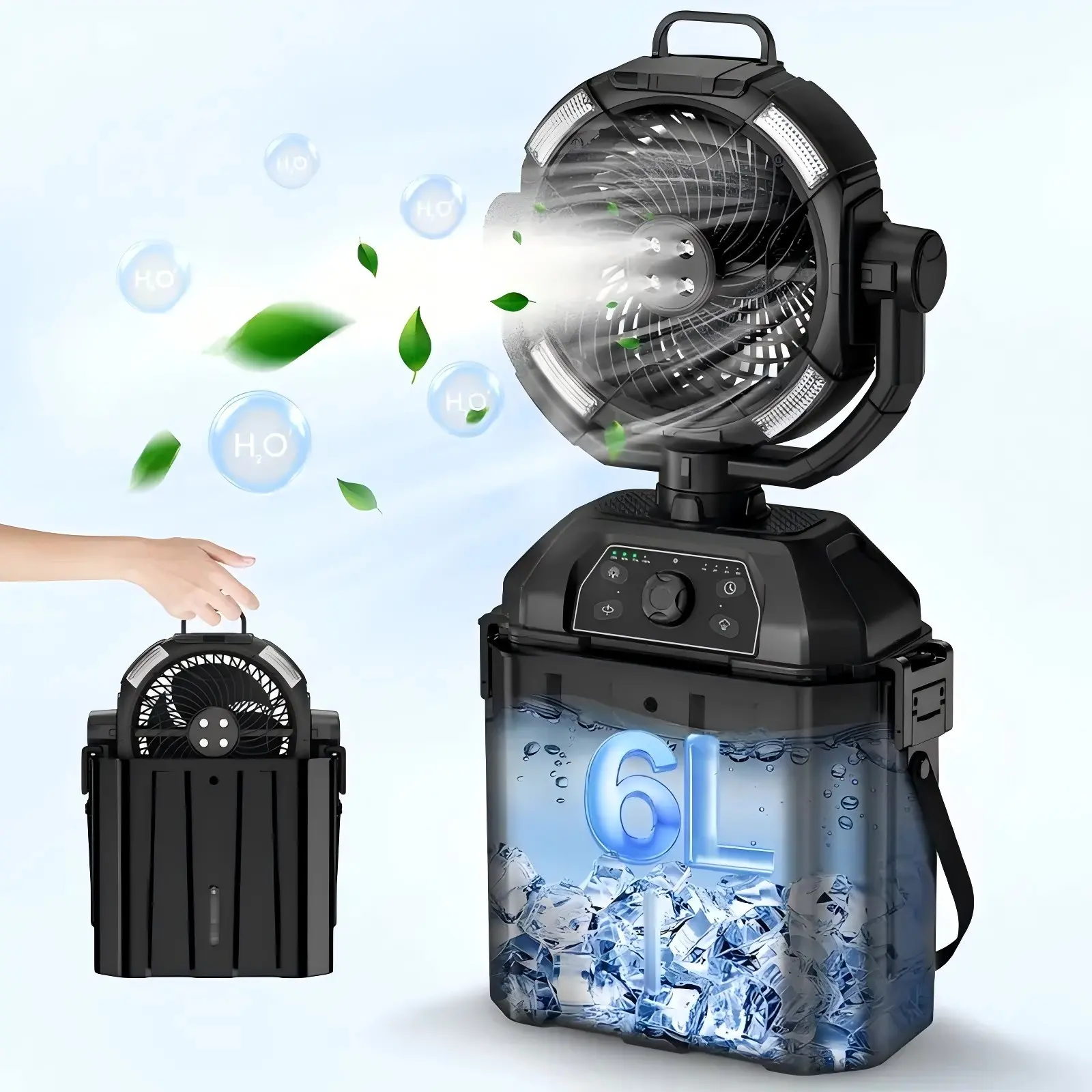 Portable Cordless Camping Misting Fan - 6L Water Tank, 20000mAh Rechargeable Battery, LED Light, 3-Speed Adjustable, 360° Oscillating, 4-Hole Spray System, Hanging & Stand Design for Outdoor Tent, Home Office, Cooling Personal Fan, Multifunctional Cooling
