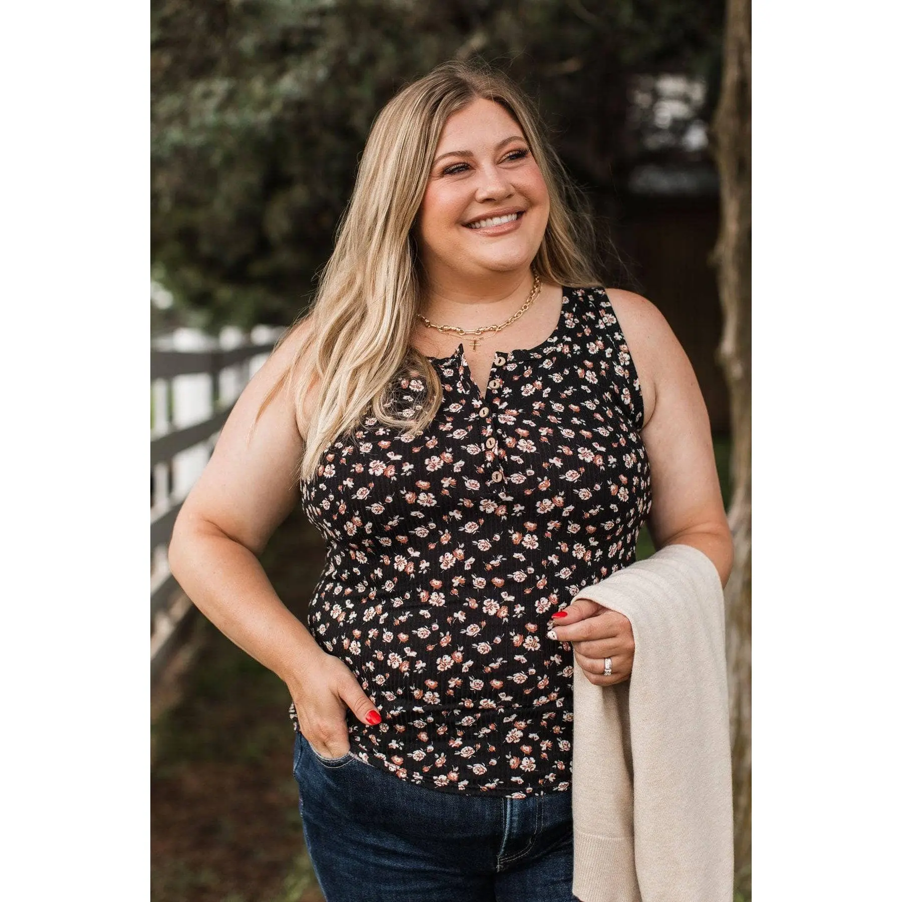 Women's Casual Fresh Blooms Floral Henley Tank Top - Black & Clay, Lady-Fit, Flat Fabric Design, Print, Ribbed, Sleeveless