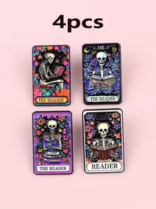 4pcs/set Vintage Skull Brooch Set, Punk Style Halloween Party Accessories, Fashionable Badge Pins, Perfect Holiday Gift Idea, Flower Brooch