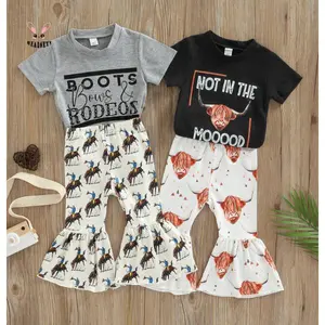 Kids Girl Short Sleeve Tops + Flared Pants, Horse / Cow Letter Print Elastic Waist Summer Clothing