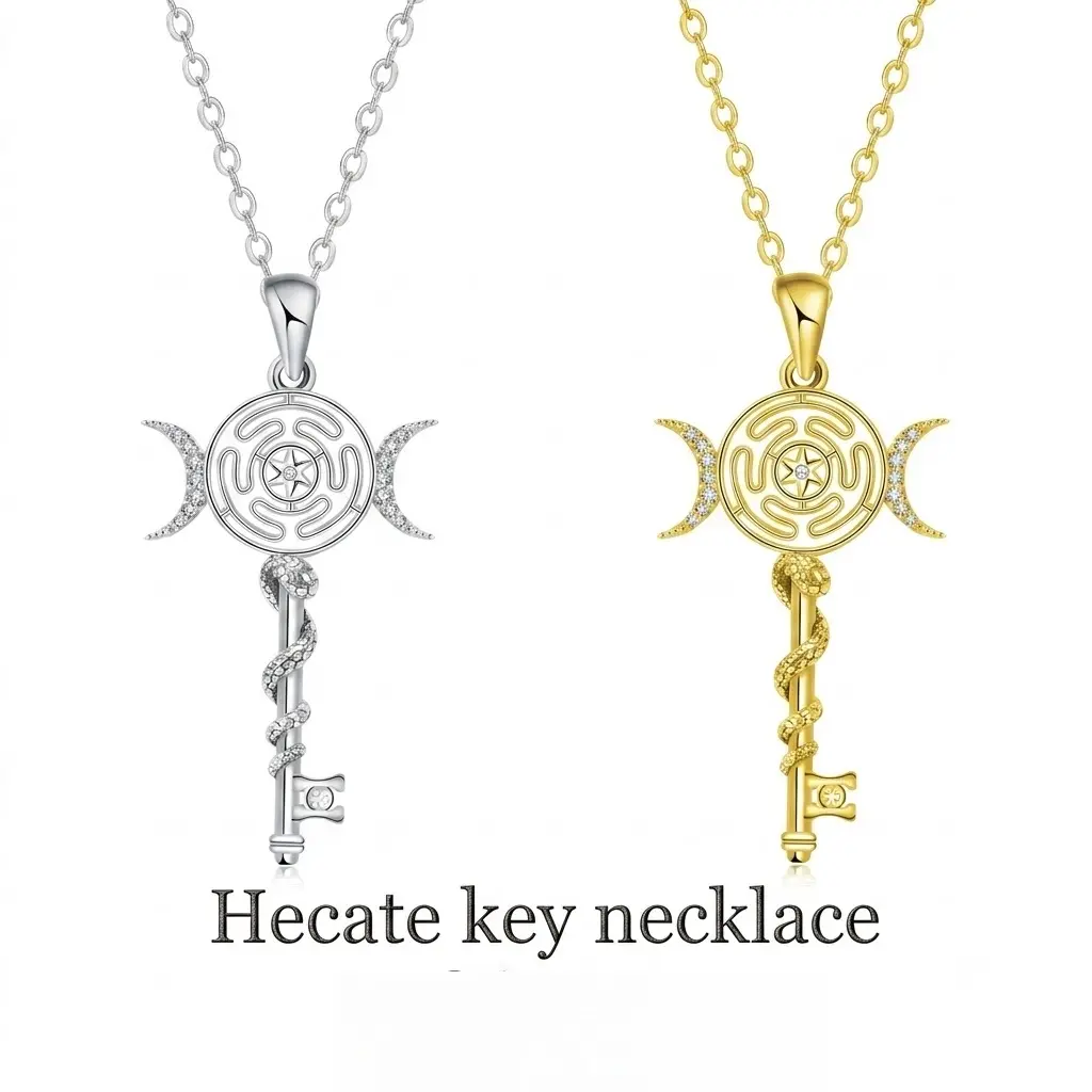 Hecate's Key Necklace - Witchtok Collection, Hekate Triple Moon Goddess Pagan Wiccan Protection Amulet, Unisex Plated Metal Classic Silver Pendant, 20"+2" Adjustable Box Chain, Gift for Mothers