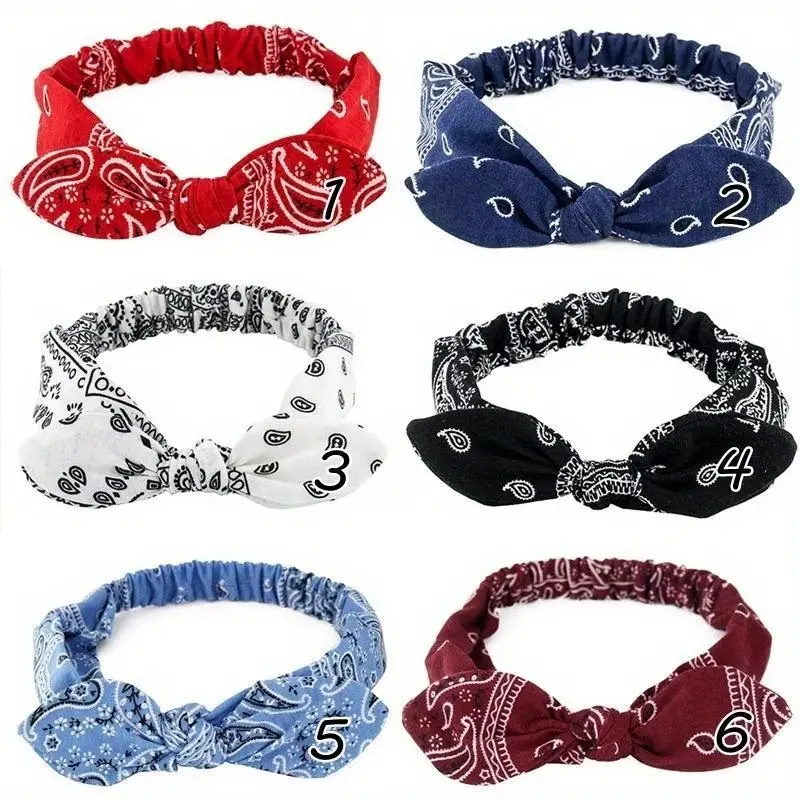 Paisley Print Knotted Headband — Women's "Bunny Ear" Headband, Crescent & Paisley Pattern Hair Accessory, Retro Bohemian Cross-Knot Style — Soft & Elastic Hairband for Girls