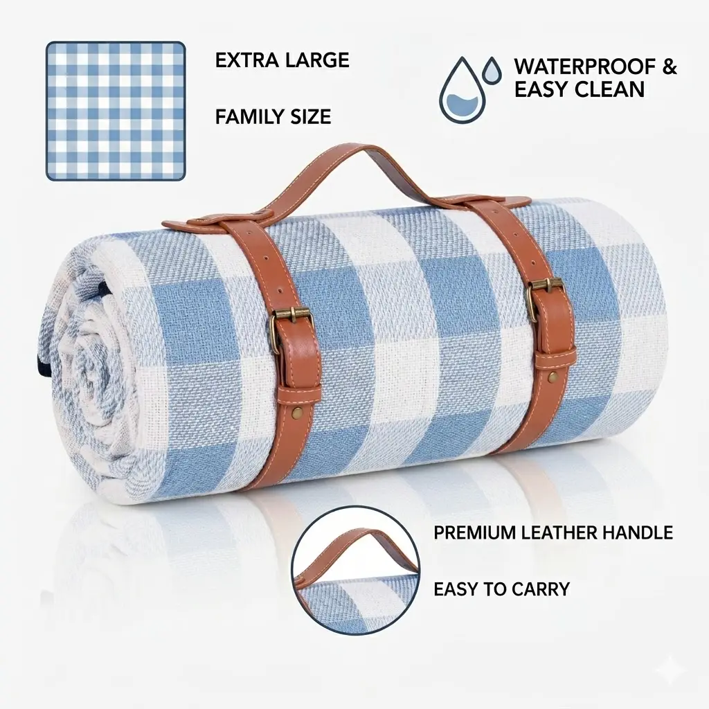 80'x 80' Picnic Blanket Extra Large, Waterproof and Foldable Beach Blanket, 3-Layer Outdoor Blanket for 6 to 8 Adults, for Camping, Park, Beach, Grass, Indoors... Non-Food Direct Contact
