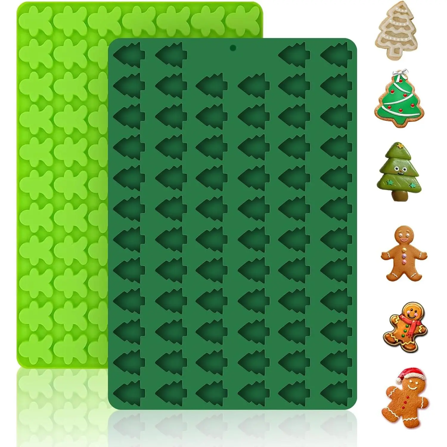 2-Pack Christmas Silicone Molds, 70 Cavity Christmas Tree and 76 Cavity Gingerbread Man Mini Silicone Molds for Baking Cookies, Fondant, Candy, Chocolate, Jelly, Pet Dog Treat Molds