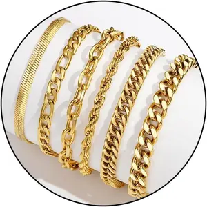 Set of 6 Chain Bracelets for Men & Women – Stainless Steel Cuban Curb, Rope, Paperclip, Figaro, and Herringbone Chains; Gifts for Men, Women, and Boys; Sizes: 6.5/7/7.5/8.3/9/9.5 inches