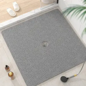 Square Shower Mat, 40 x 40 Inch Non Slip Bath Mat for Tub, Soft PVC Loofah Mats with Drain Holes, Quick Drying Stall Mat, Accessories Suction Cup, Grey