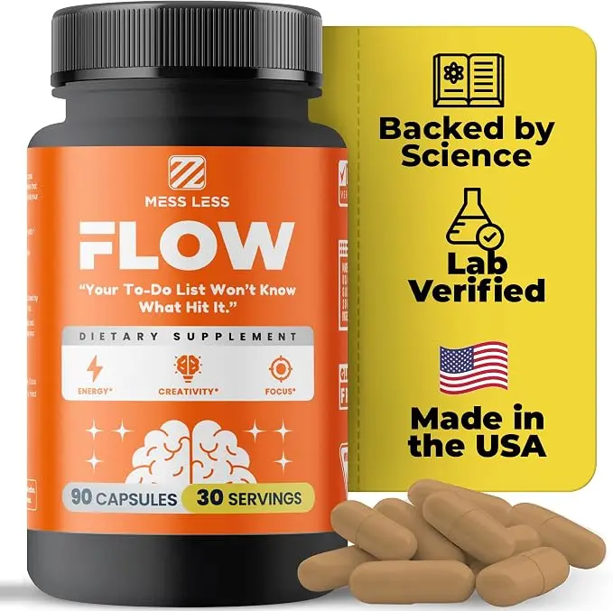 MESS LESS FLOW – Nootropic Brain Supplement for Focus, Memory, Creativity&Mental Clarity – Complete Daytime Cognitive Support with Lion’s Mane, Bacopa, Ginkgo, Guayusa | Vegan, Gluten-Free, Lab-Tested