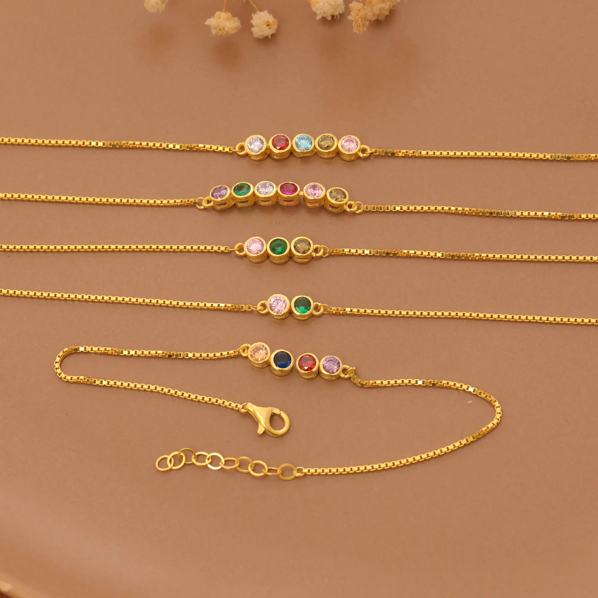 Personallized Gold Birthstone Bracelet, Gold Plated Box Chain Keepsake, Dainty Family Jewelry, Minimalist Month Stone Bracelet, Zirconia Gift