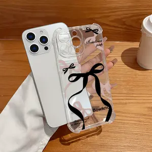 Transparent case with black bow silhouettes pattern, four-corner protection, lightweight and durable, compatible with iPhone 17 Pro Max /16/15/14/13/12/11.