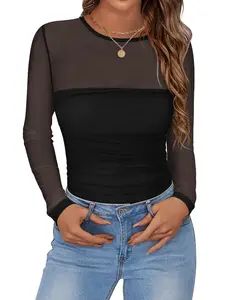 Long Sleeve Shirts for Women Sheer Mesh Sexy Blouses Autumn Fashion Crewneck Going Out Tops Womenswear Basic Minimalist