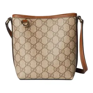 Gucci GG Emblem Coated Bucket Shoulder Bag Mini for Women in Beige and Brown