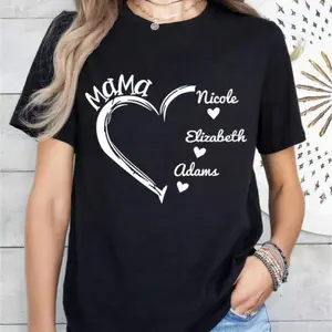 Personalized Mom Heart T-Shirt - 100% Cotton Custom Mother's Day Shirt with Kids' Names, Unique Mom Gift, S-2XL