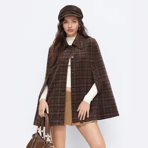 Cider Wool-Look Collar Plaid Cloak Sleeve Oversized Coat