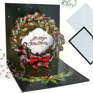3D Popup Christmas Holiday Greeting Card with Music and Lights - Beautiful Wreath Design - Handmade - Includes Blank Note Card, Mailing Envelope - Plays We Wish You A Merry Christmas