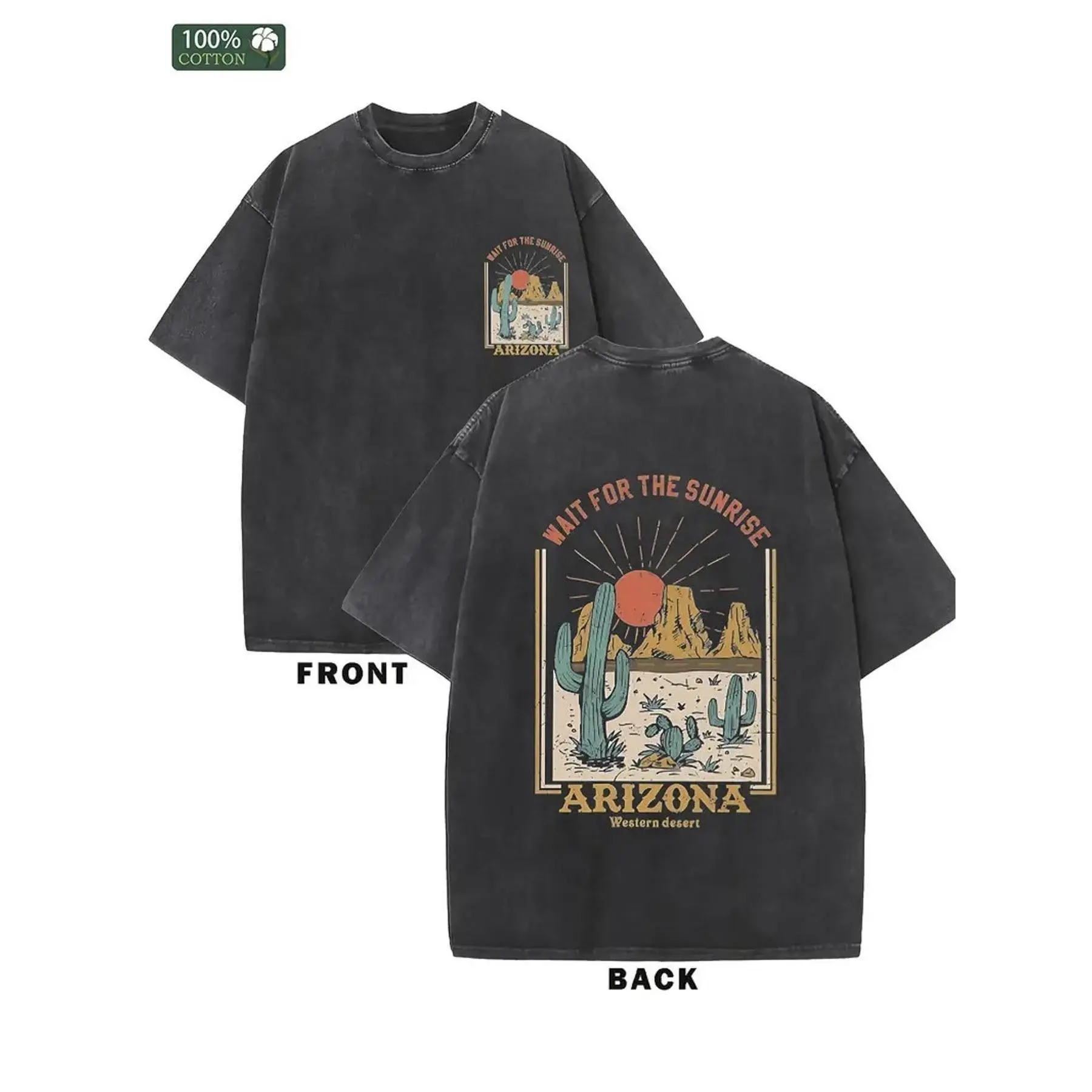 Men's Oversized Short Sleeve T-Shirt, Retro Streetwear Style Sunrise Graphic Print, 250g Heavyweight Washed Cotton Round Neck Top, Shortsleeve, Tops, Fashion, Evening, Menswear, Stylish, Tshirt, Fabric, Graphic Art, Oversize Tee, 100% Cotton, Sunrise Prin