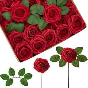 Artificial Flowers 50 Pcs Dark Red Foam Fake Roses Bulk with Stems for Mother's Gift Decoration Celebration DIY Wedding Bouquets Centerpieces Bridal Shower Party Christmas Tree