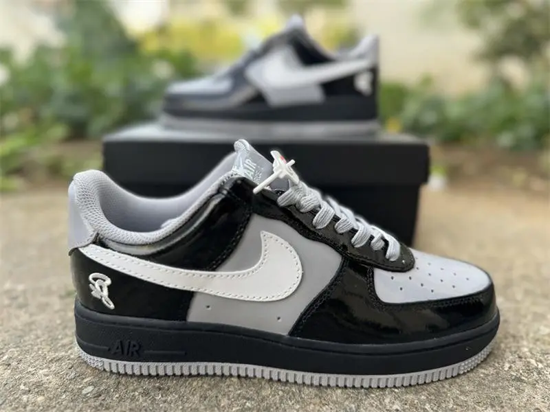 Brand New In Original Box Black White Grey Low Top Sneakers Gloss Patent Leather Stitched Upper Heel Number Embroidery Detail Grey Anti-slip Rubber Outsole Street Trend Outfit Essential