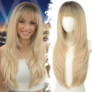 4x4 Free Parting Realistic Scalp Long Wig with Bangs for Women,Layered Hairstyle Synthetic Heat Resistant for Daily Party Use