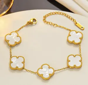 Moderate Luxury 18K Gold Plated Letter Number Flower Stainless Steel Bracelet Double-sided 1.3CM Elegant Jewelry for Women Adults