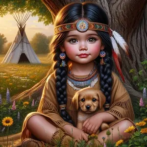 5D Diamond Painting Kit, Round Diamond Art for Beginners, Indian Girl and Puppy Theme Canvas, Embroidery Cross Stitch Arts Craft for Home Wall Decor