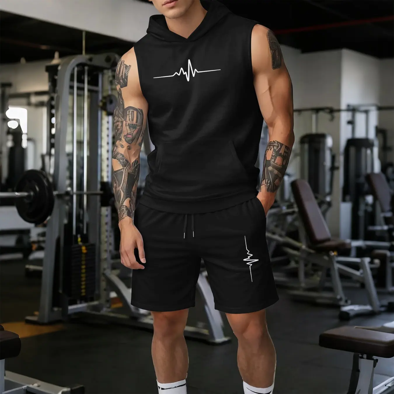 Men's 2-Piece Summer Sportswear Set - Sleeveless Hoodie Top, Drawstring Shorts, Lightweight Breathable Athleisure Wear, Sleeveless Exercise Training Clothes, Sporty Style Outfits, Shorts Set Tracksuits for Gym, Casual Streetwear, Athleisure Wear Set