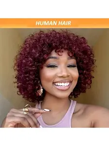 Women's Pixie Cut Curly Human Hair Wig, Short Afro Style with Bangs, Burgundy Color, Rose Net Cap, Natural Look for Casual Wear