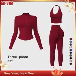MFVIM Women's Solid Criss Cross Crop Tank Top High Waist Leggings Zip Up Crop Jacket Tracksuit Set Breathable Comfortable Yoga Workout Gym Athletic Activewear Textured Sweatsuit Thermal Lined Sports