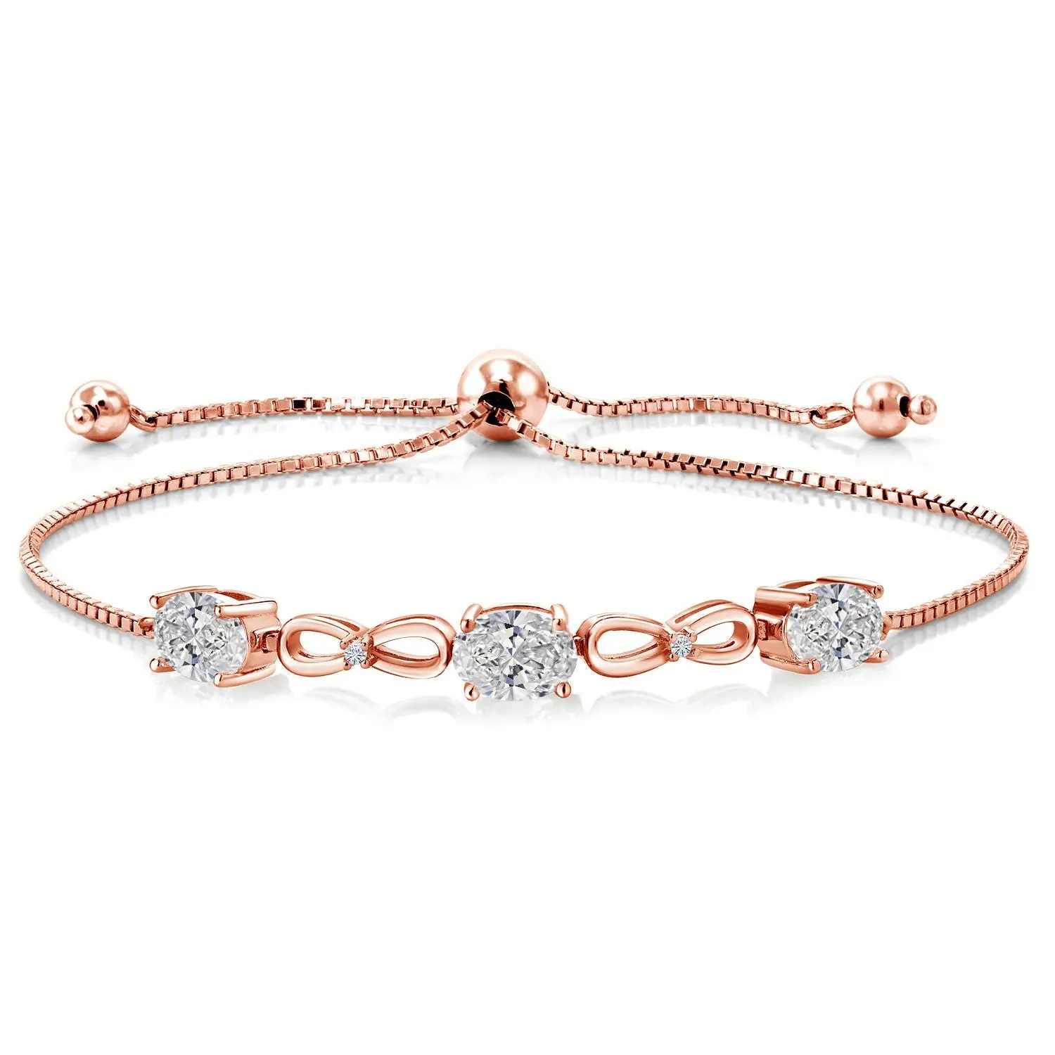 Gem Stone King Infinity 3-Stone Bracelet for Women with Gemstone Birthstone and Lab Grown Diamond Accents | 18K Rose Gold Plated Silver | Oval 7X5MM and Round 1.3MM | Fully Adjustable to 9 Inch