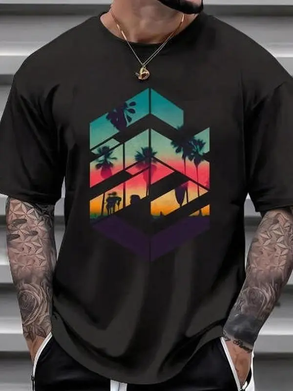 Vaporwave Geometric Sunset Tee - Optical Illusion Shirt, Retro Palm Tree Silhouette Top, Aesthetic Streetwear with Visual Twist,Casual daily wear, casual style, sporty casual.