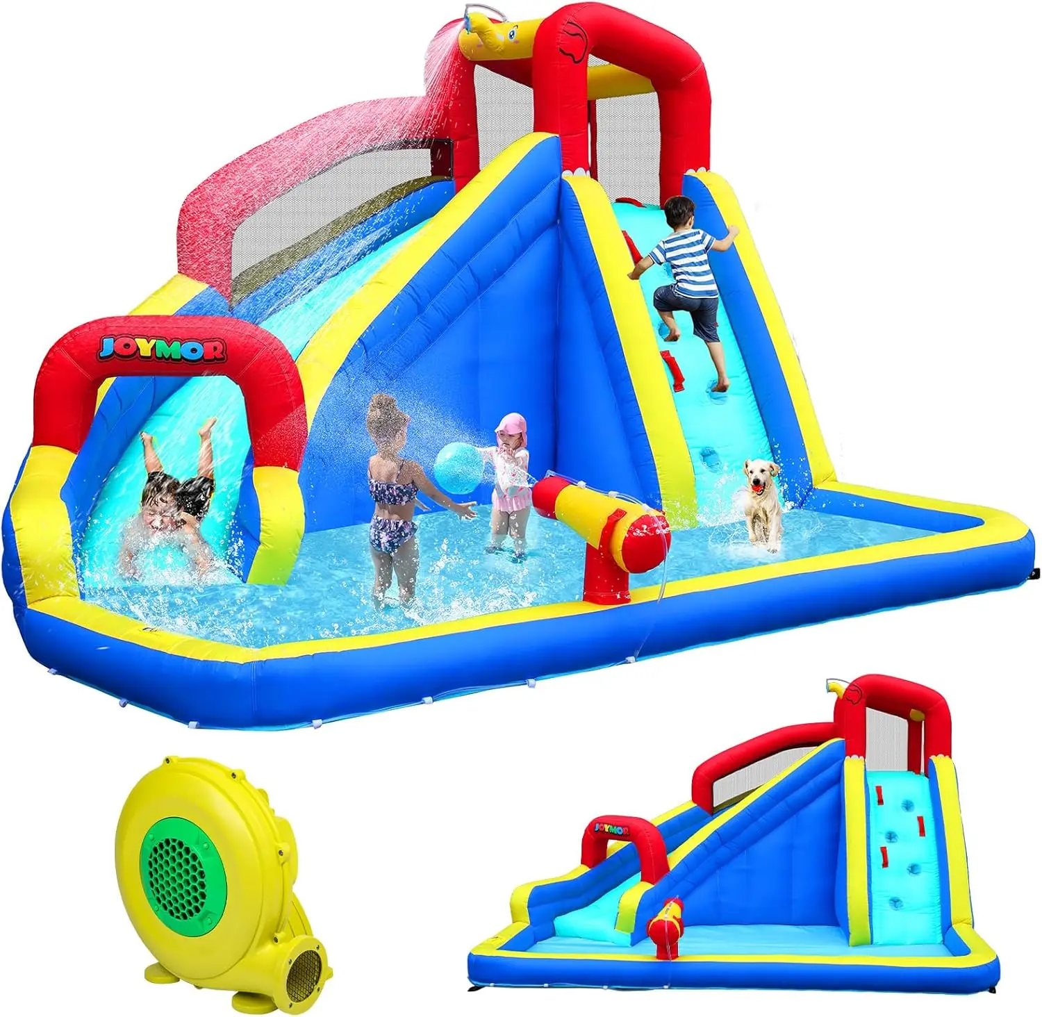 JOYMOR Inflatable Water Slide Park wtih Splash Pool, Climbing Wall, Water Cannon,Blow up Water Slides for Backyard Outdoor Fun Summer Water Plays for Party Birthday Gift (Blue & Red)