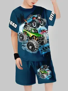 Boys' Summer Monster Truck Print Short Sleeve Set, Quick-Dry Sports Two-Piece, Fitted Casual Tee Shorts, Cartoon Pattern