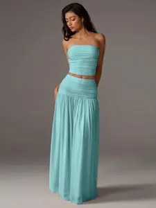 Women's Mesh Solid Color Halter Top and Long Skirt Two-Piece Set, Elegant Chic Slim-Fitting Plain Pattern, Perfect for Special Occasions, Clothes, Womenswear