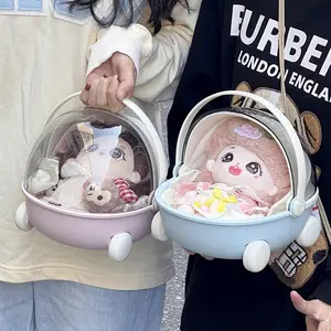 Cute transparent cover handheld rolling storage box plush toy display organizer desktop decoration, suitable for doll bag travel, sorting and gift decoration, decorative storage, smooth rolling wheel, handheld container, home decoration enthusiast