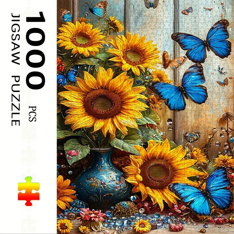 1000 Piece Large Piece Count Sunflower & Butterfly Jigsaw Puzzle, Creative Puzzle, Large Adult Family Interactive Toy, DIY Home Decor Brain Challenge, Holiday Scene, Perfect Gift