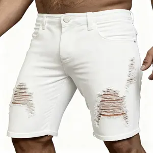 Men's Slim-Fit Denim Shorts  - Casual White Bermuda with Distressed Detail Knee-Length Medium Stretch Pockets Perfect for Spring & Summer No Belt Included Wear Menswear Tropical shorts men