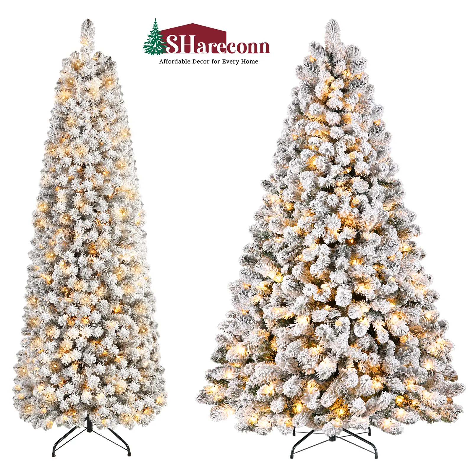 【Christmas in July】SHareconn 6.5/7.5 FT Prelit Snow Flocked Spruce Artificial Christmas Tree with 1098/1400 branch tips,  380/420 Warm White Lights, Foldable Stand, Snow Flocked Full Prelighted Xmas
