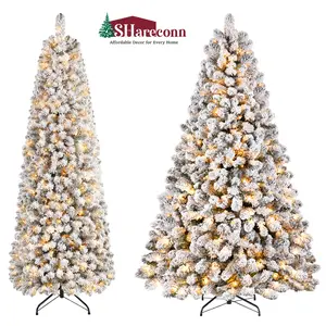 SHareconn 6/7.5 FT Prelit Snow Flocked Spruce Artificial Christmas Tree with 1098/1400 branch tips,  380/420 Warm White Lights, Foldable Stand, Snow Flocked Full Prelighted Xmas