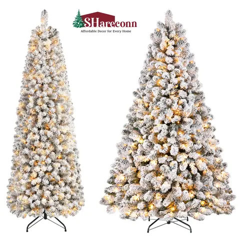 SHareconn 2026 6/7.5FT Snow Flocked Spruce PVC Prelit Artificial Christmas Tree Decoration, 1098/1400 Branch Tips, 380/420 Warm Toned LED Holiday Lights, Foldable Stand, Room Decor