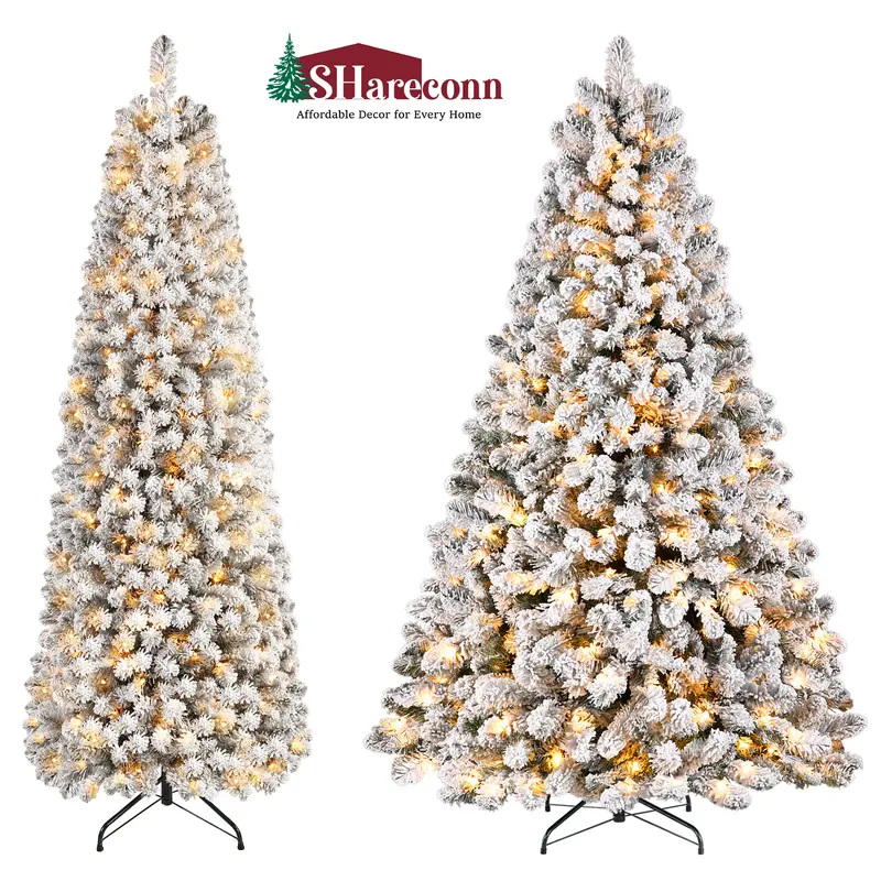 SHareconn 2026 6/7.5FT Snow Flocked Spruce PVC Prelit Artificial Christmas Tree Decoration, 1098/1400 Branch Tips, 380/420 Warm Toned LED Holiday Lights, Foldable Stand, Room Decor