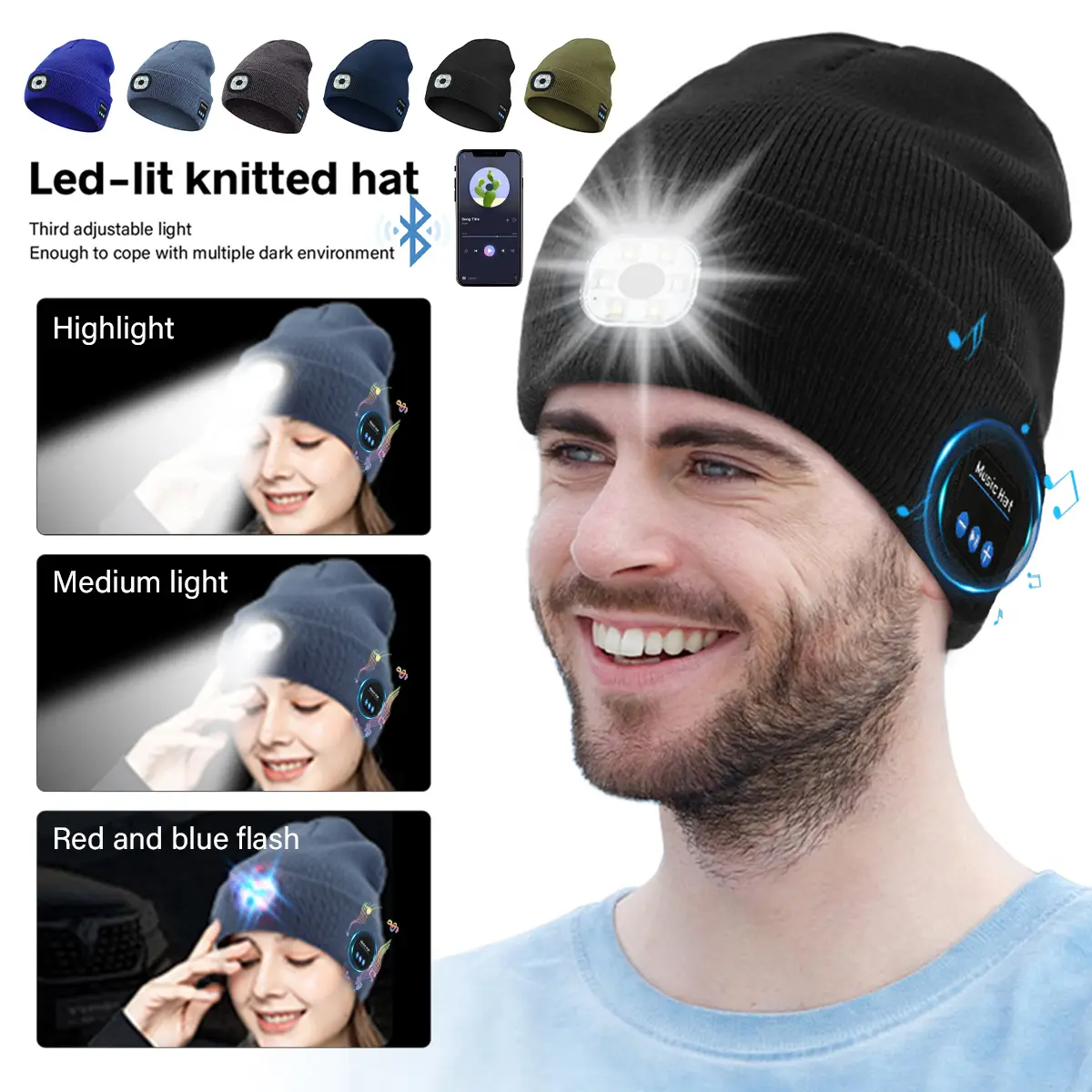 Bluetooth Hat, Beanie Hat with Light, Unisex USB Rechargeable Headlamp Winter Knitted Cap Gifts for Men Dad Husband Him,Black, Christmas Gift