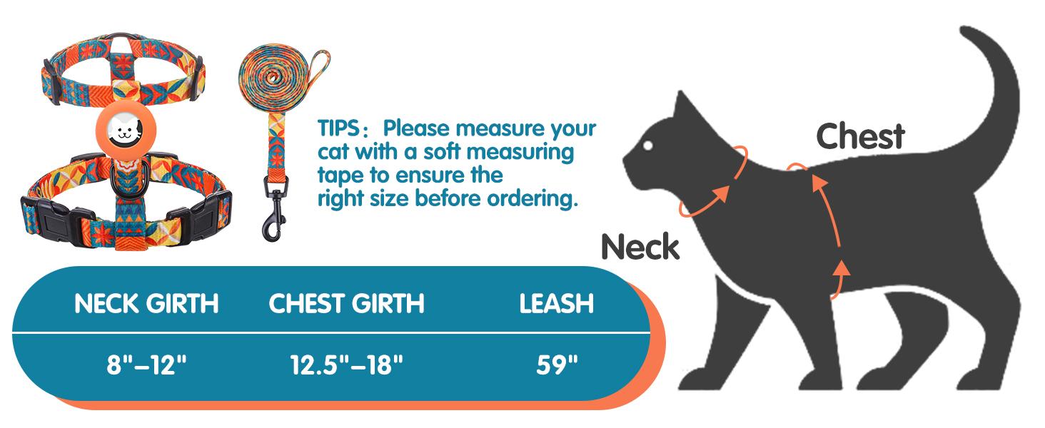 Cat Harness with Airtag Holder, Cat Harness and Leash Set Escape Proof for Walking Travel Outdoor, Soft Adjustable Kitten Harnesses for Small Medium Large Cats, Orange(Chest:."-")
