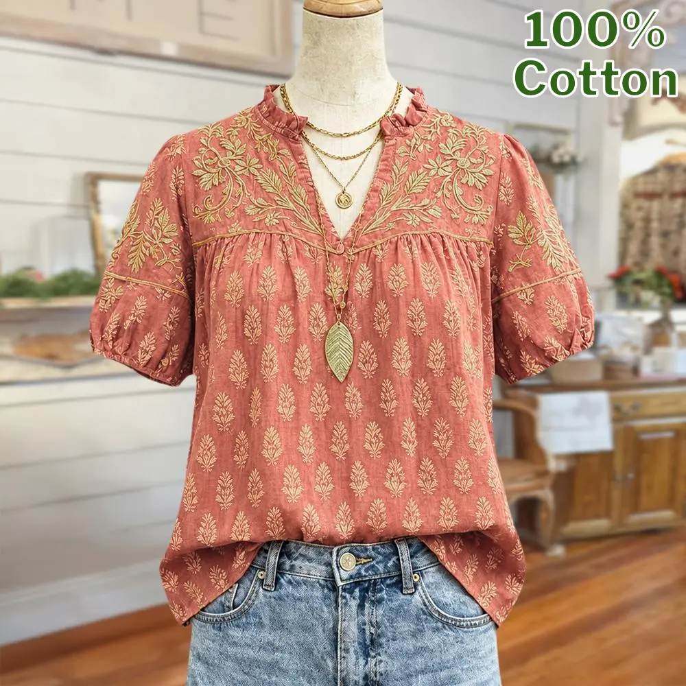 Sage Vell 100% Cotton Rust Leaf Print Blouse Ruffle V Neck Puff Short Sleeve Floral Embroidery Loose Fit Casual Top