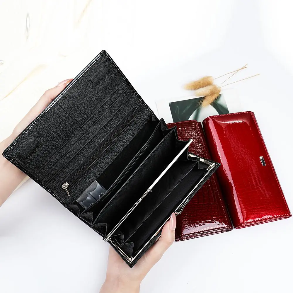 Women's Long Genuine Leather Multi Functional Wallet - Magnetic-Closure Stylish Textured Clutch, Everyday Carry, Multiple Card Slots, ID Quick Access Compartments, Back Slip Pocket, Anti-Theft Pockets