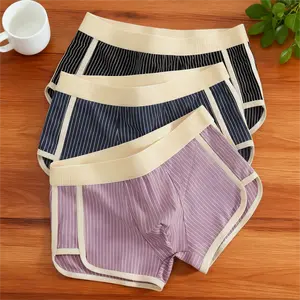 Men's 3-Piece Striped Soft Cotton Mid-Waist Boxer Shorts Set, Lightweight Menswear Underwear, Comfortable, Breathable, Stylish Design